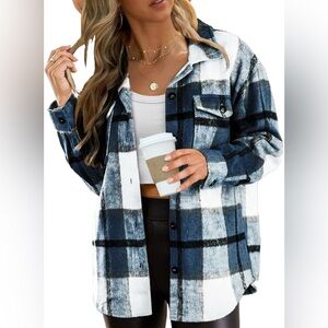 Women's Blue and White Plaid Utility Jacket